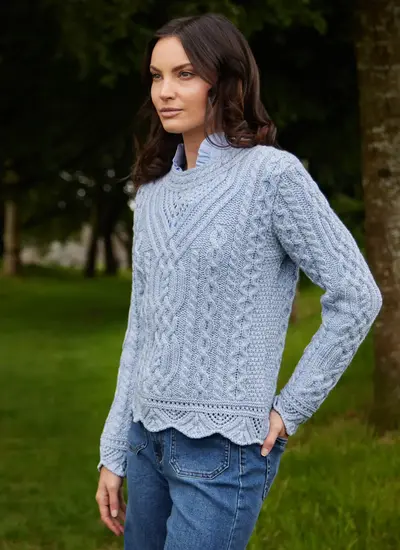 Supersoft Merino Wool Scallop Aran Sweater in Ice Marl